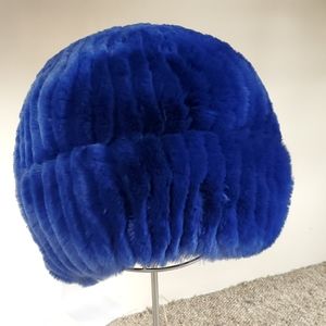 SALE Blue Knitted Rex Rabbit Fur Stretch Beanie